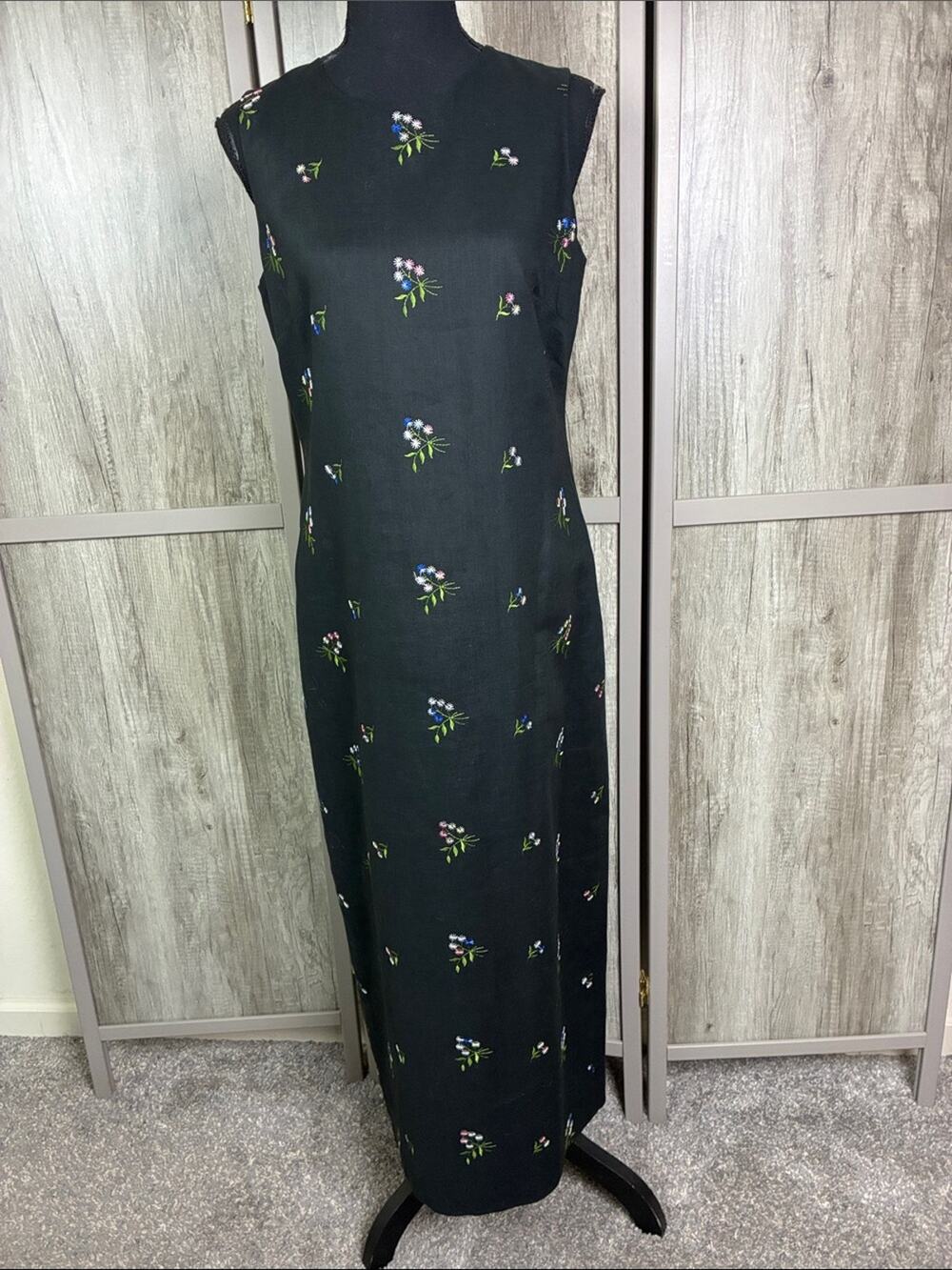 Talbots Black Floral Embroidery Linen Sheath Dress Women's 6